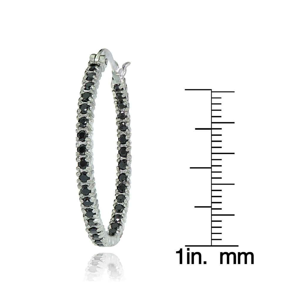 Sterling Silver Black Cubic Zirconia Inside Out 30mm Round Hoop Earrings-3