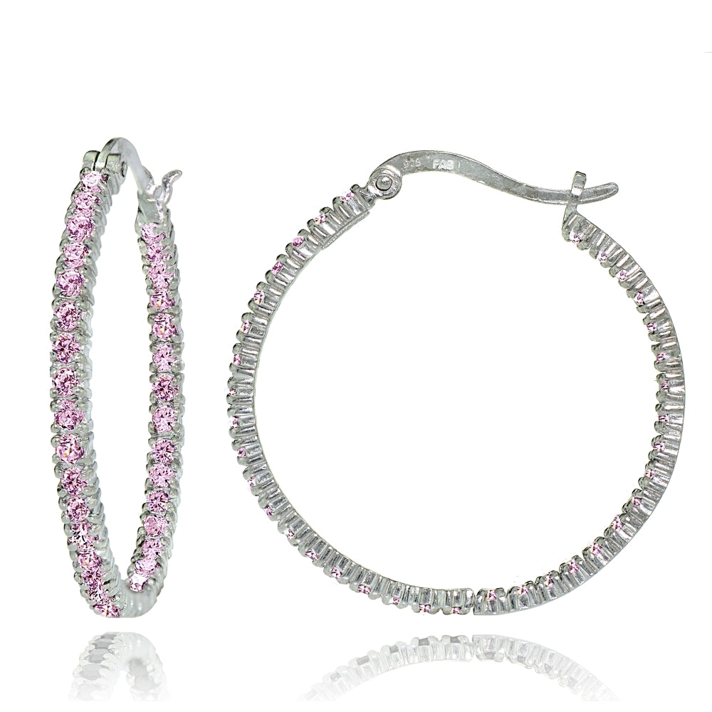 Sterling Silver Light Pink Cubic Zirconia Inside Out 30mm Round Hoop Earrings