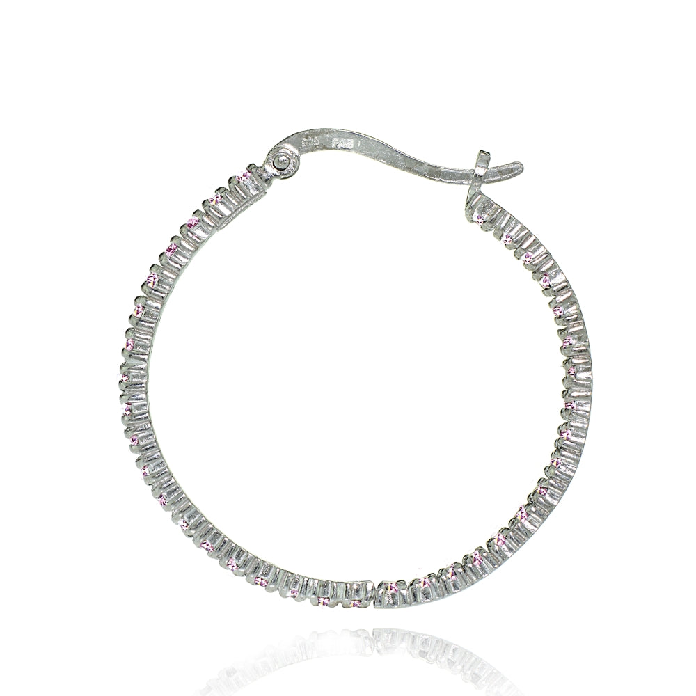 Sterling Silver Light Pink Cubic Zirconia Inside Out 30mm Round Hoop Earrings-2