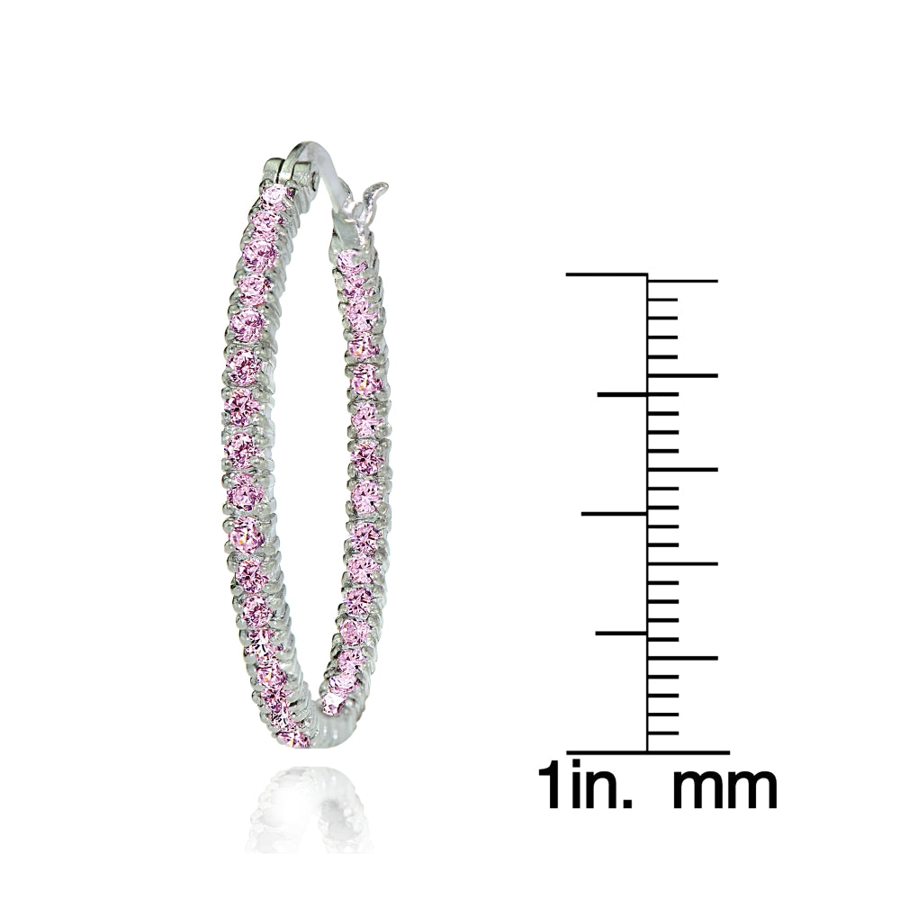 Sterling Silver Light Pink Cubic Zirconia Inside Out 30mm Round Hoop Earrings-3