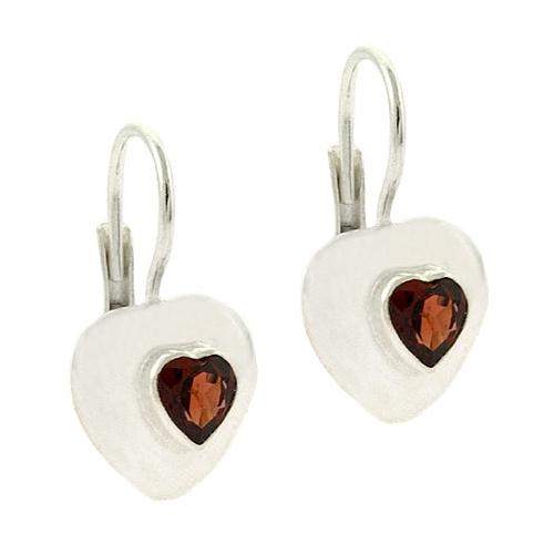 Sterling Silver Garnet Heart Leverback Earrings