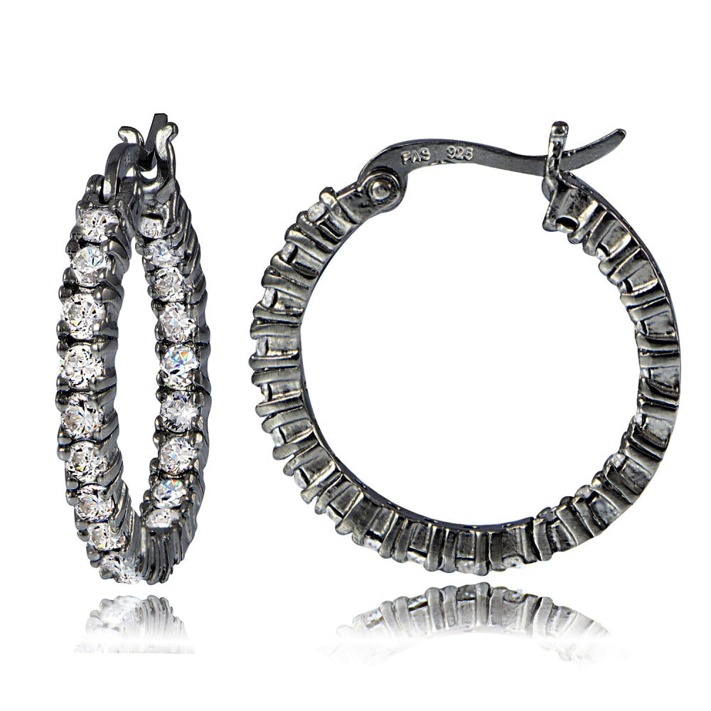 Black Tone over Sterling Silver Cubic Zirconia 3mm Round Hoop Earrings, 20mm