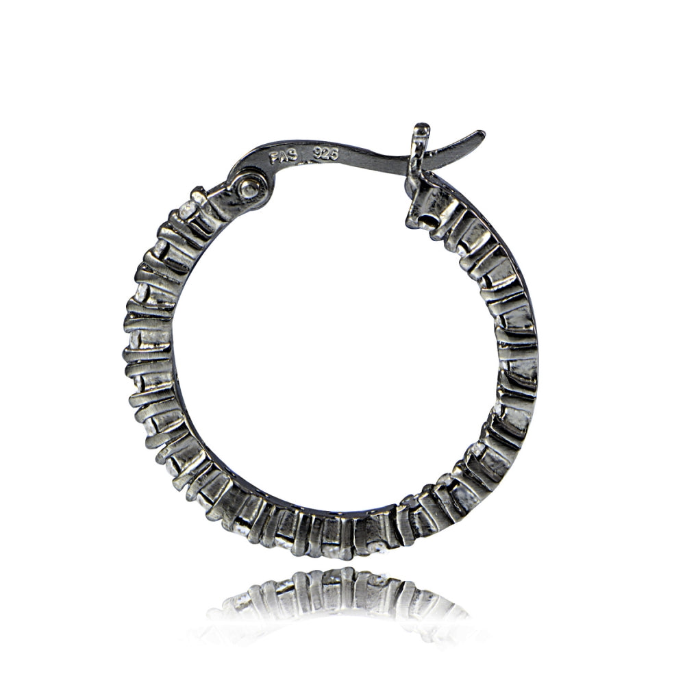 Black Tone over Sterling Silver Cubic Zirconia 3mm Round Hoop Earrings, 20mm-2