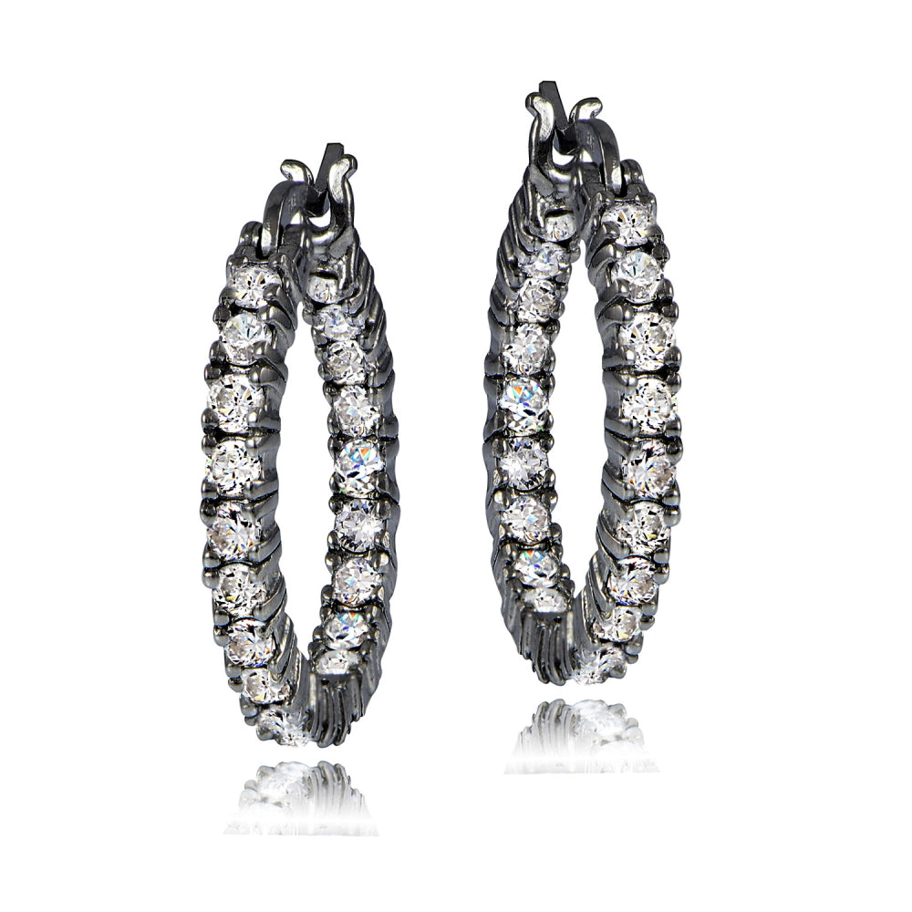 Black Tone over Sterling Silver Cubic Zirconia 3mm Round Hoop Earrings, 20mm-3