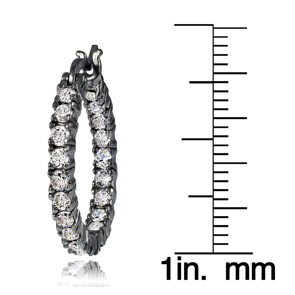 Black Tone over Sterling Silver Cubic Zirconia 3mm Round Hoop Earrings, 20mm-4