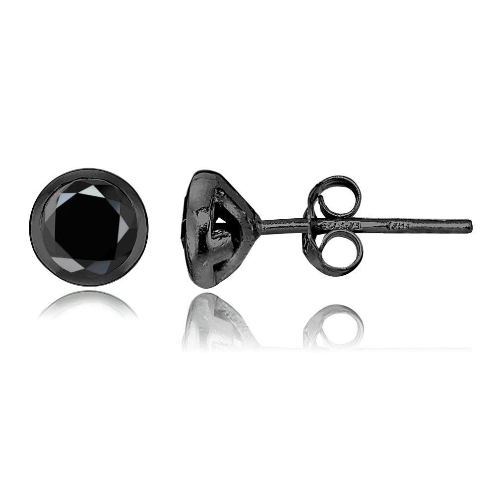 Black Tone Over Sterling Silver Black Cubic Zirconia Bezel Martini Set Stud Earrings