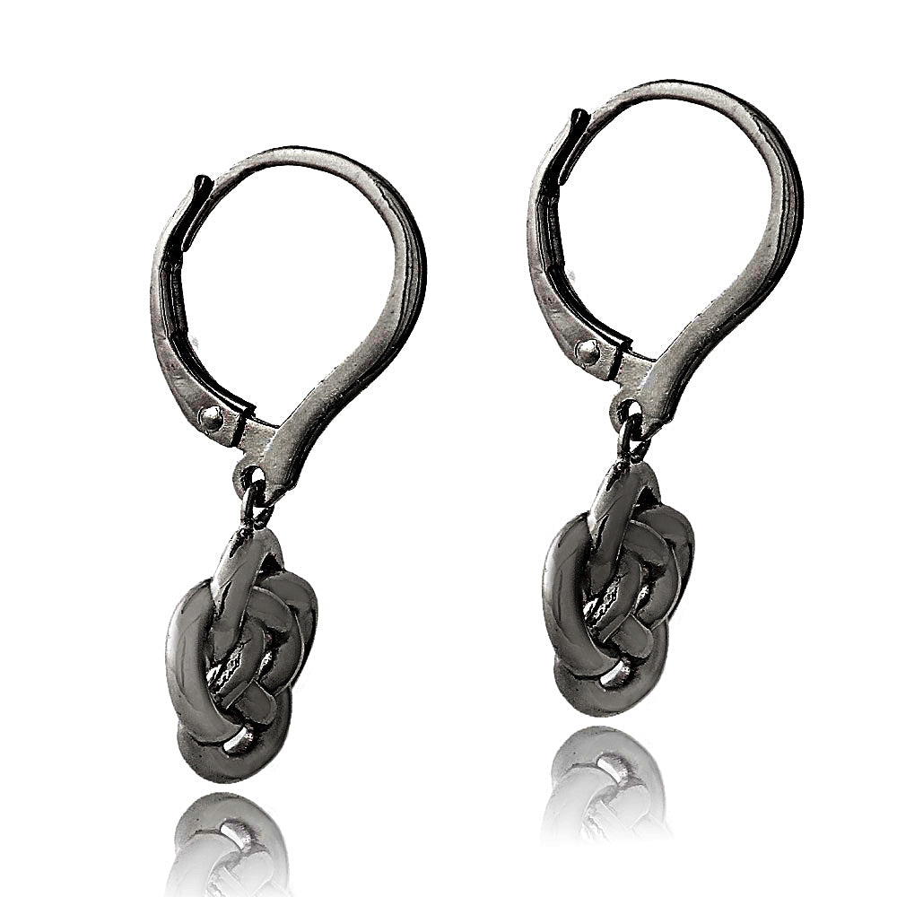 Black Flashed Sterling Silver Love Knot Flower Dangle Leverback Earrings-3