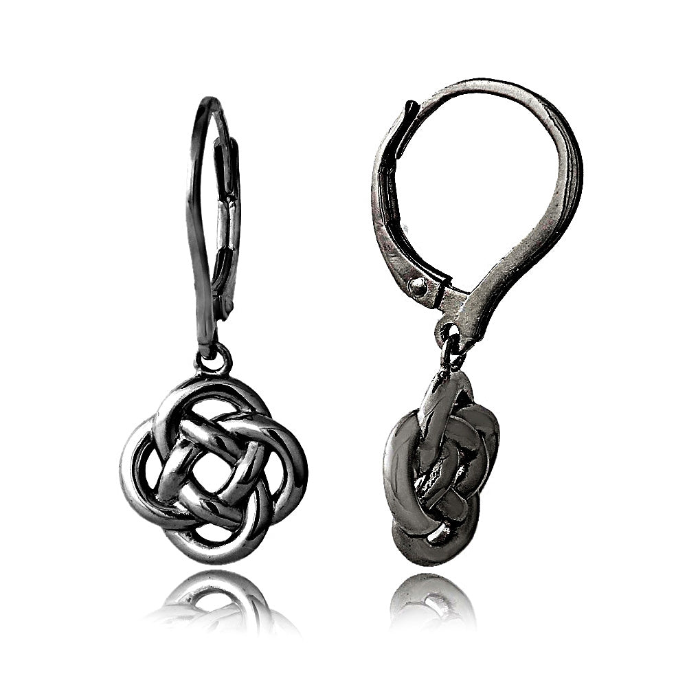 Black Flashed Sterling Silver Love Knot Flower Dangle Leverback Earrings-5