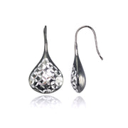 Black Flashed Sterling Silver Two-Tone Diamond-Cut Pear Shape Lotus Polished Drop Earrings
