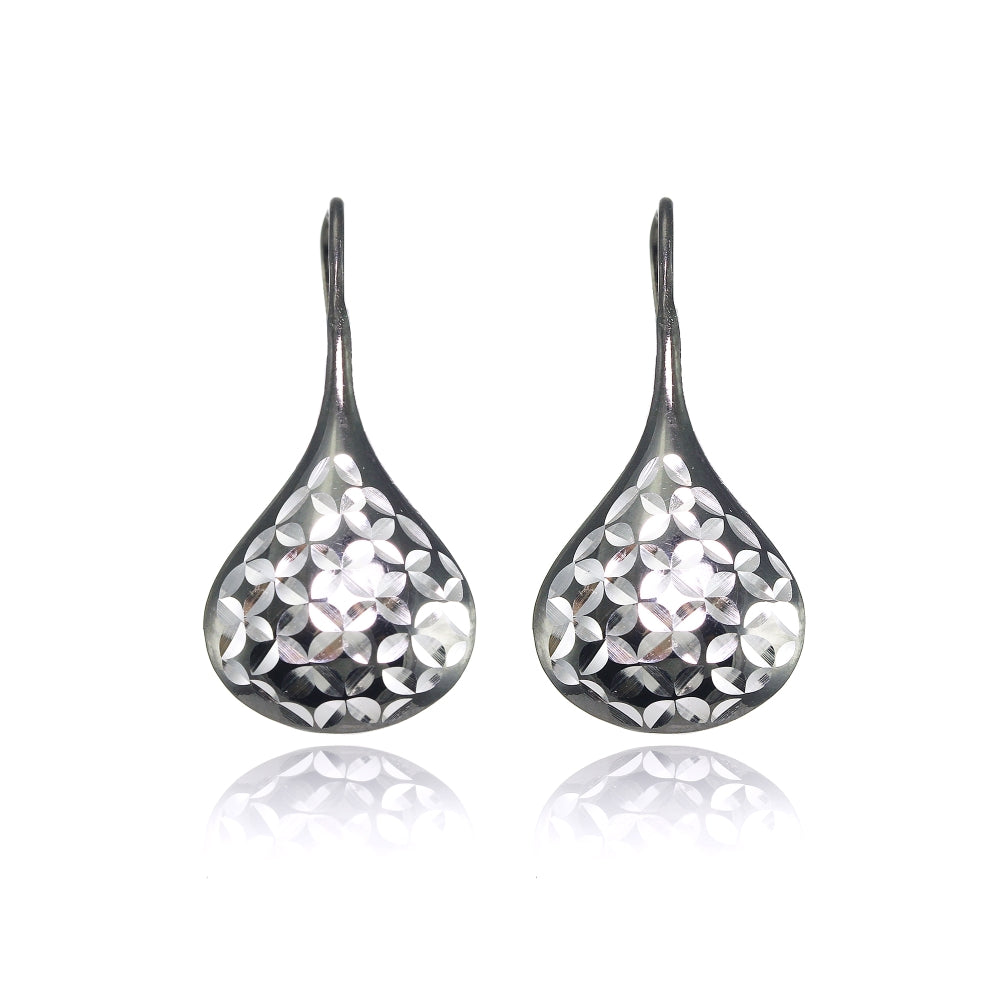 Black Flashed Sterling Silver Two-Tone Diamond-Cut Pear Shape Lotus Polished Drop Earrings-2