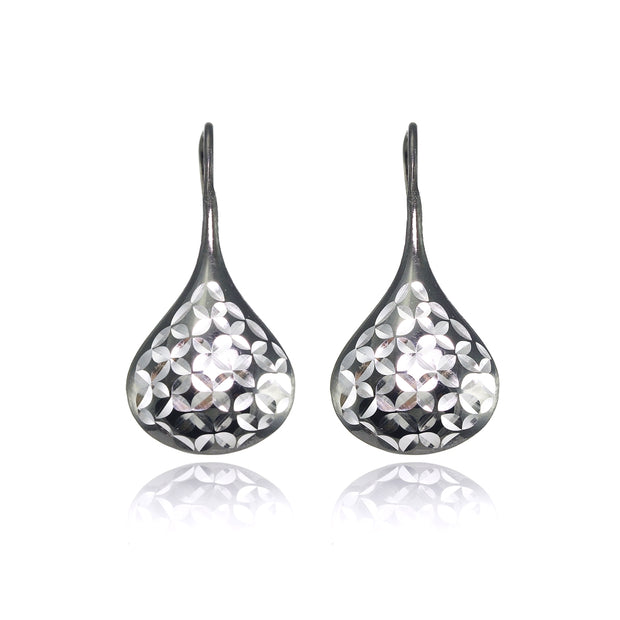 Black Flashed Sterling Silver Two-Tone Diamond-Cut Pear Shape Lotus Polished Drop Earrings
