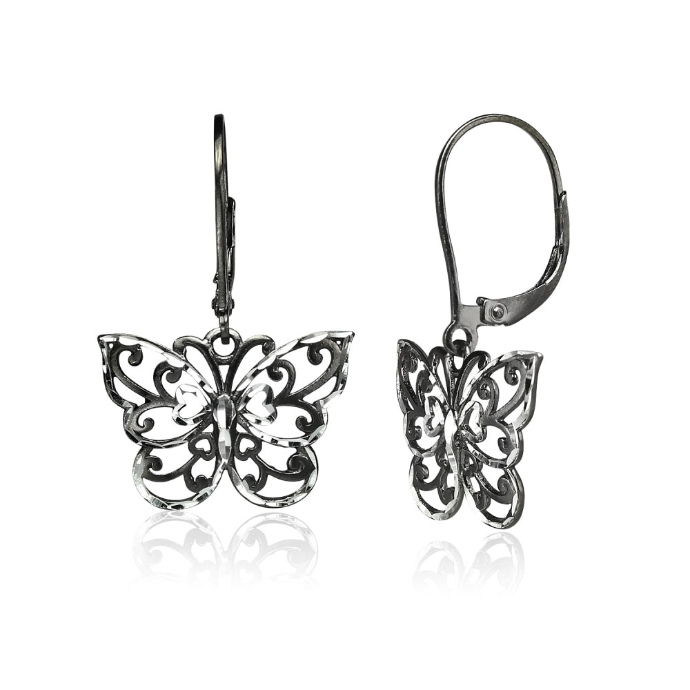 Black Flashed Sterling Silver Two-Tone Diamond-cut Filigree Butterfly Dangle Leverback Earrings