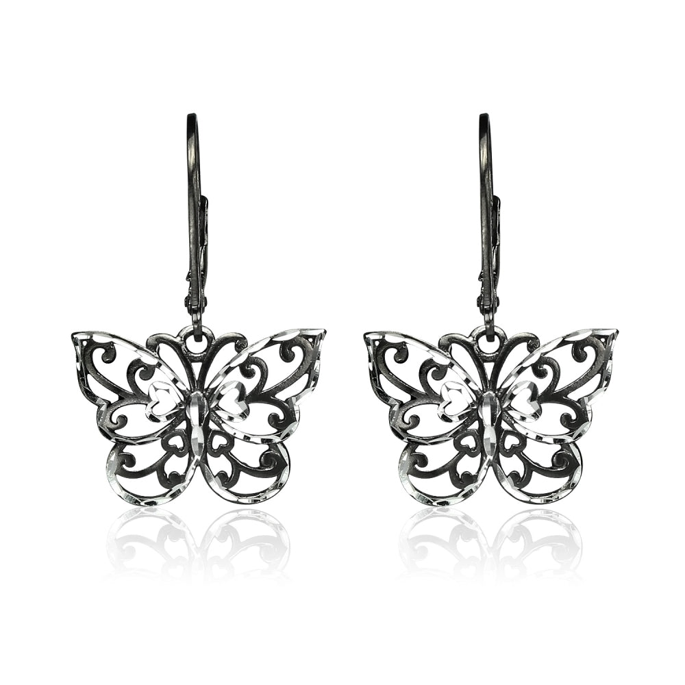 Black Flashed Sterling Silver Two-Tone Diamond-cut Filigree Butterfly Dangle Leverback Earrings-2