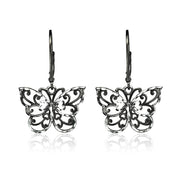 Black Flashed Sterling Silver Two-Tone Diamond-cut Filigree Butterfly Dangle Leverback Earrings