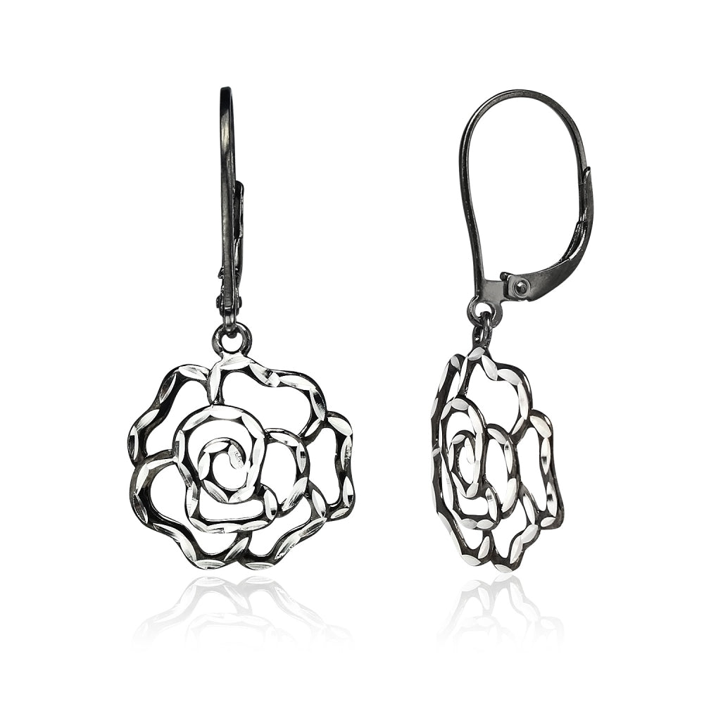 Black Flashed Sterling Silver Two-Tone Diamond-cut Rose Flower Dangle Leverback Earrings