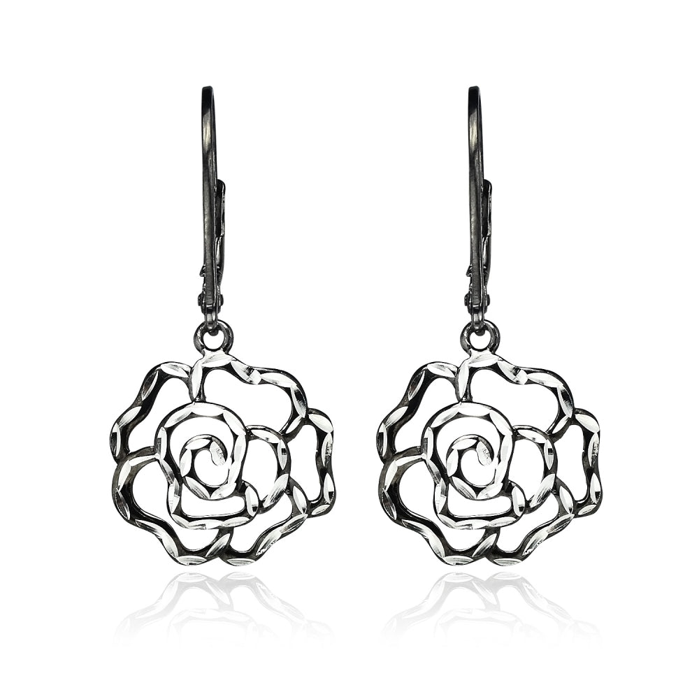 Black Flashed Sterling Silver Two-Tone Diamond-cut Rose Flower Dangle Leverback Earrings-2