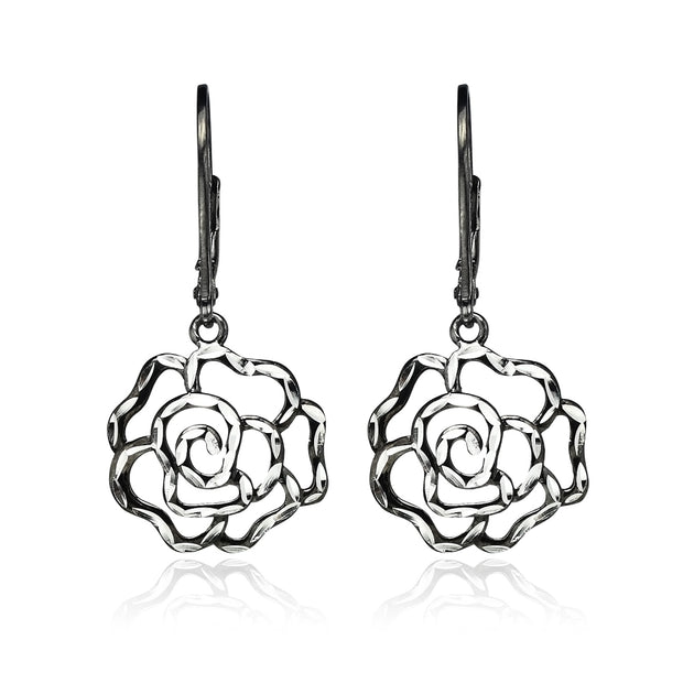 Black Flashed Sterling Silver Two-Tone Diamond-cut Rose Flower Dangle Leverback Earrings