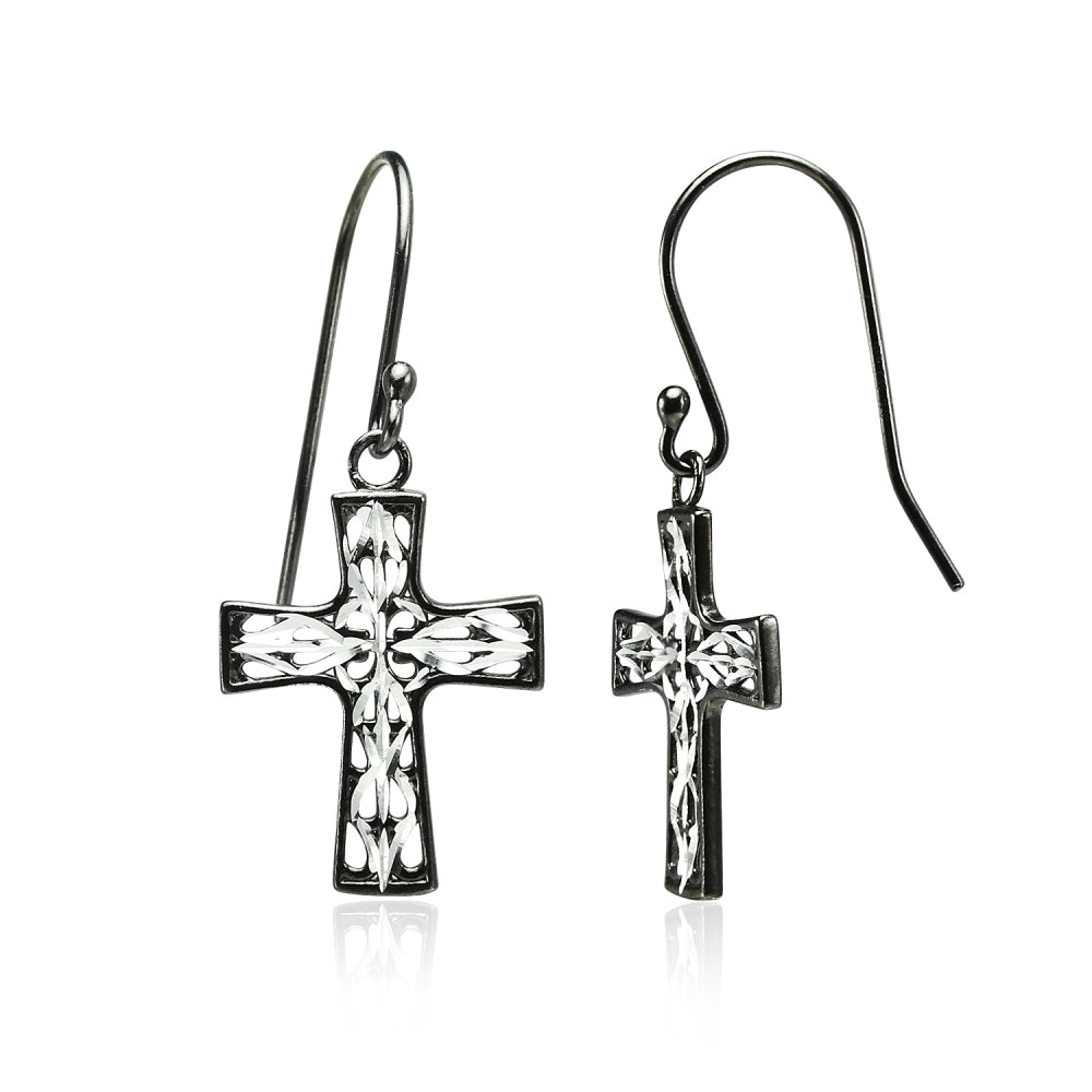 Black Flashed Sterling Silver Two-Tone  Diamond-cut Filigree Cross Dangle Earrings