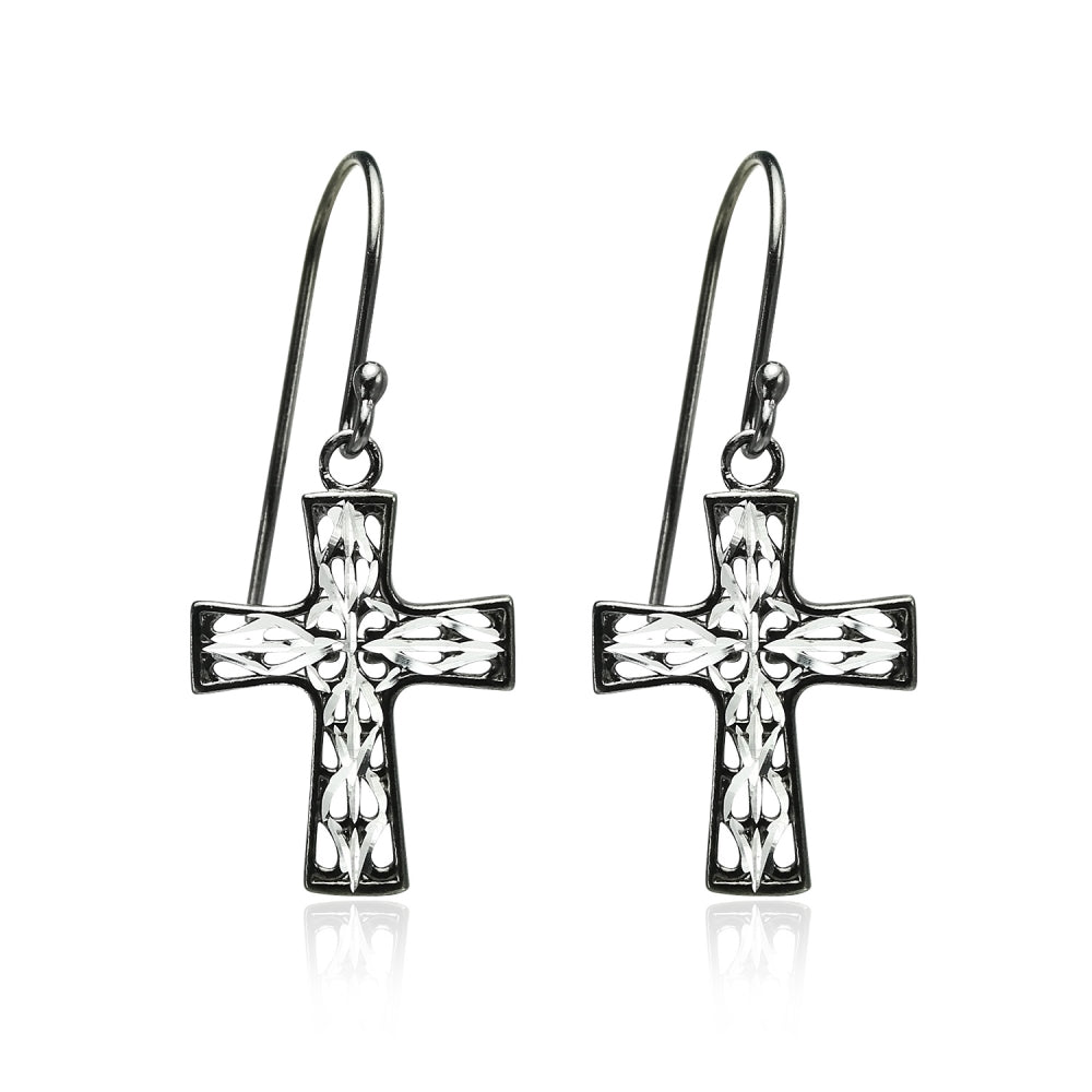 Black Flashed Sterling Silver Two-Tone  Diamond-cut Filigree Cross Dangle Earrings-2