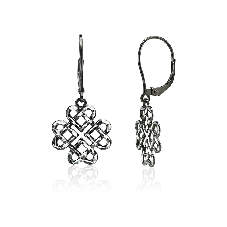 Black Flashed Sterling Silver Two-Tone Diamond-cut Celtic Heart Love Knot Leverback Earrings