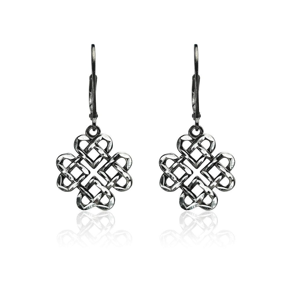 Black Flashed Sterling Silver Two-Tone Diamond-cut Celtic Heart Love Knot Leverback Earrings-2