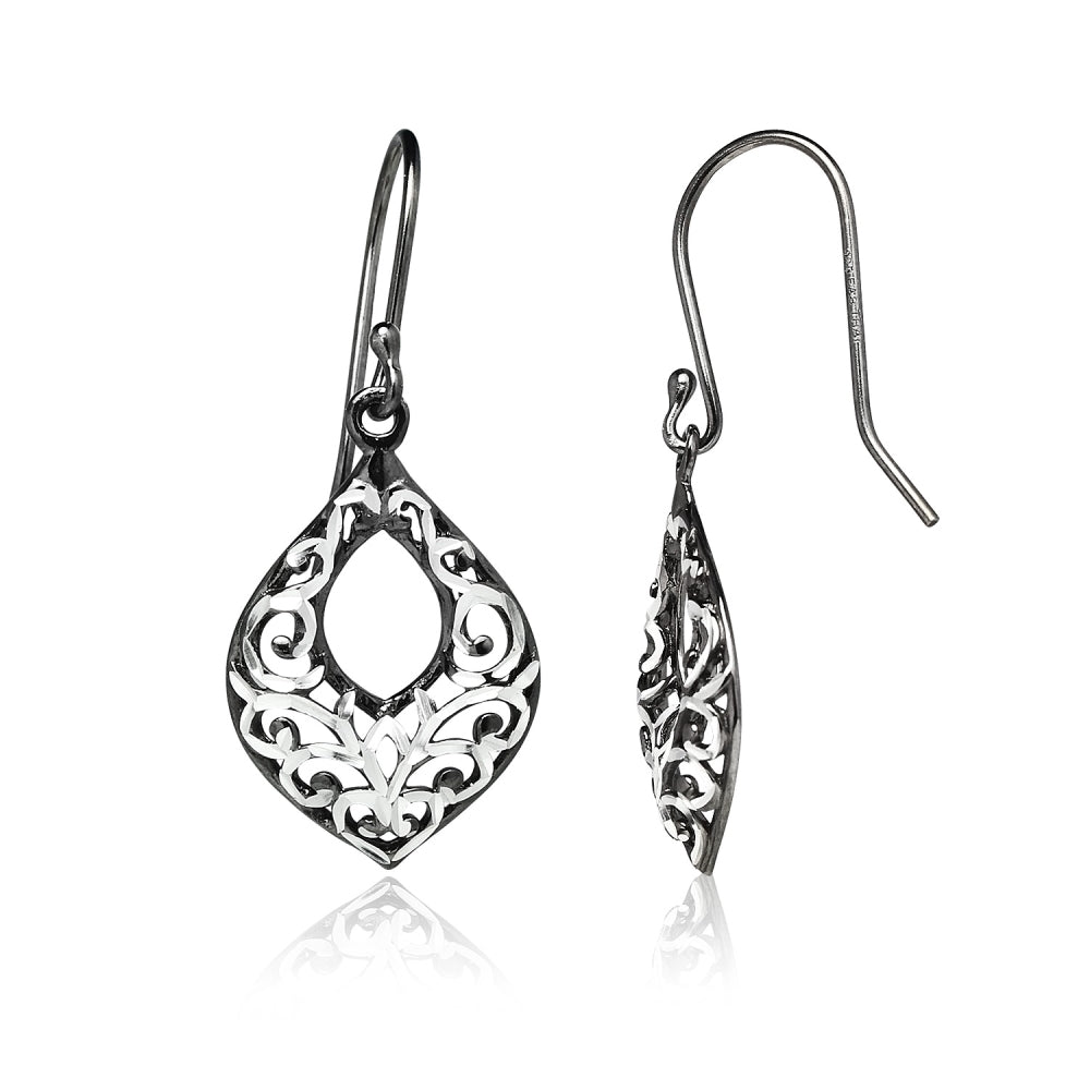 Black Flashed Sterling Silver Two-Tone Diamond-cut Filigree Open Teardrop Dangle Earrings