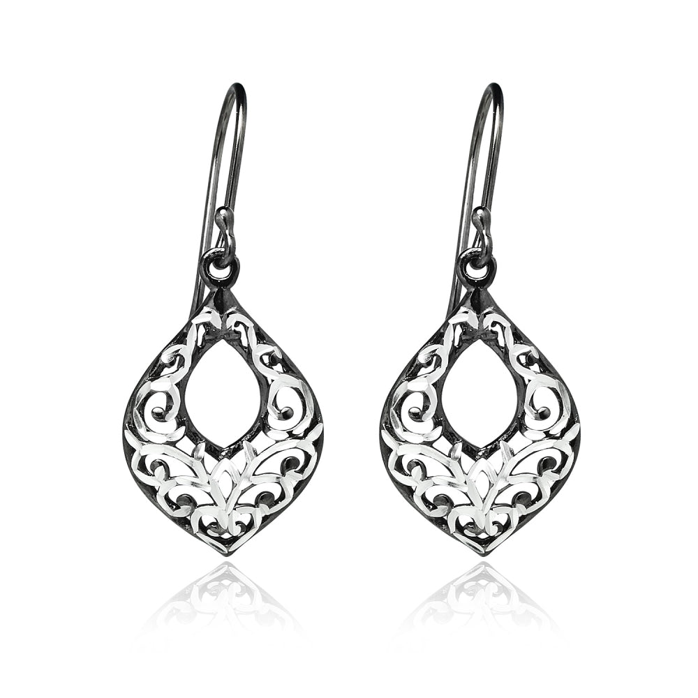 Black Flashed Sterling Silver Two-Tone Diamond-cut Filigree Open Teardrop Dangle Earrings-2