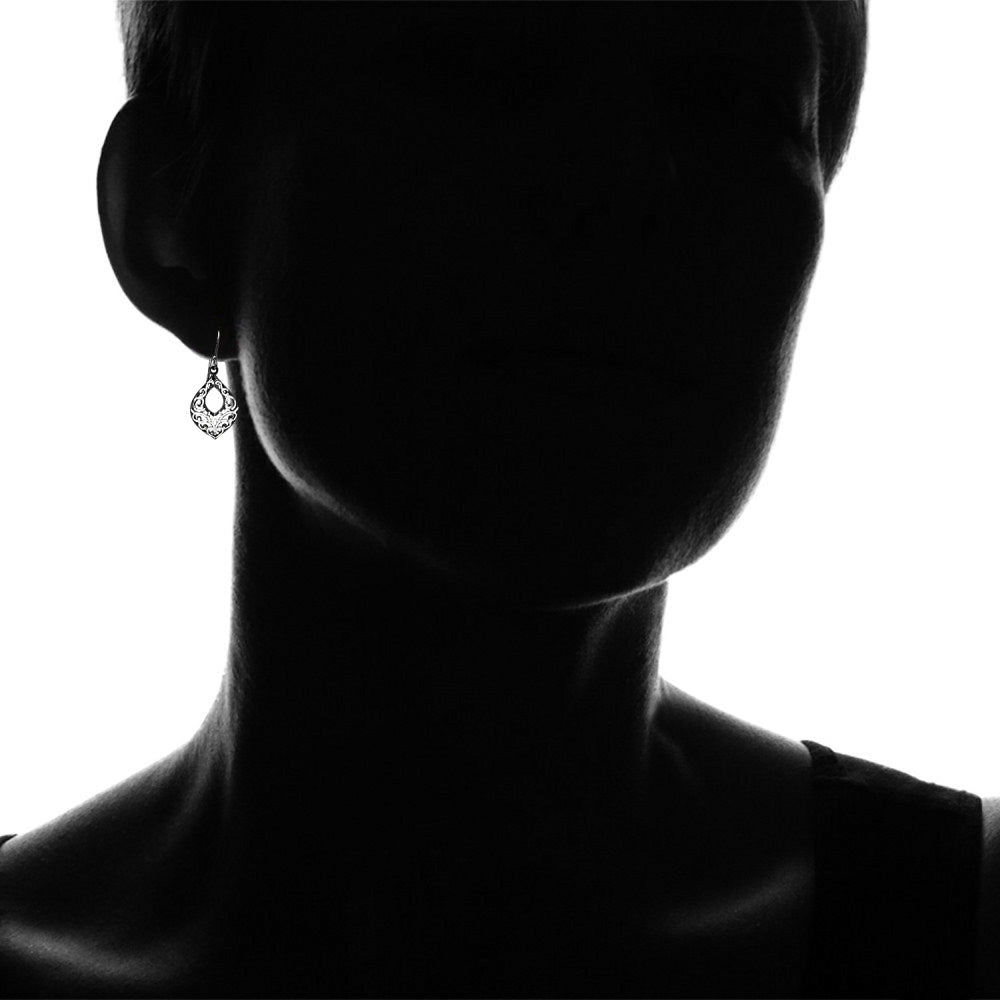Black Flashed Sterling Silver Two-Tone Diamond-cut Filigree Open Teardrop Dangle Earrings-3