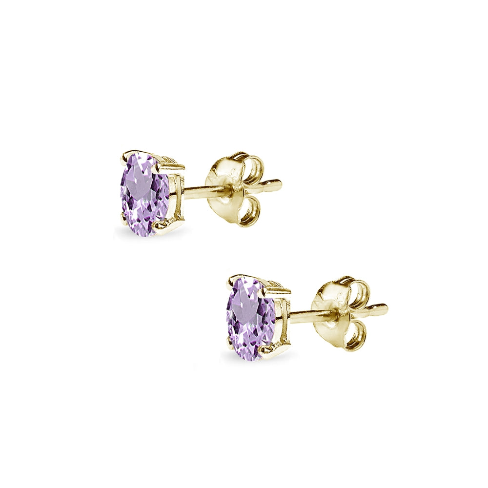Yellow Gold Flashed Sterling Silver Amethyst 5x3mm Oval-Cut Solitaire Stud Earrings-2