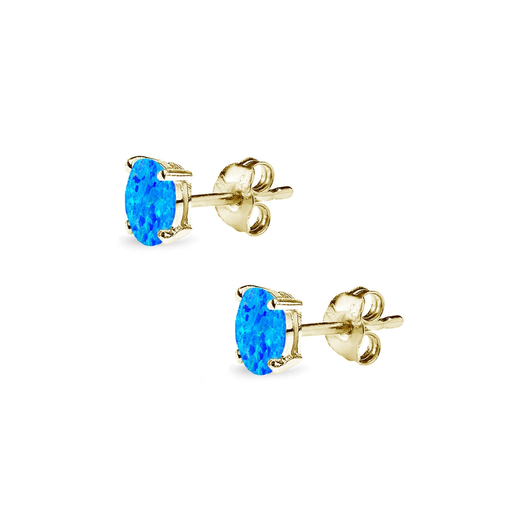 Yellow Gold Flashed Sterling Silver Created Blue Opal 5x3mm Oval-Cut Solitaire Stud Earrings-2