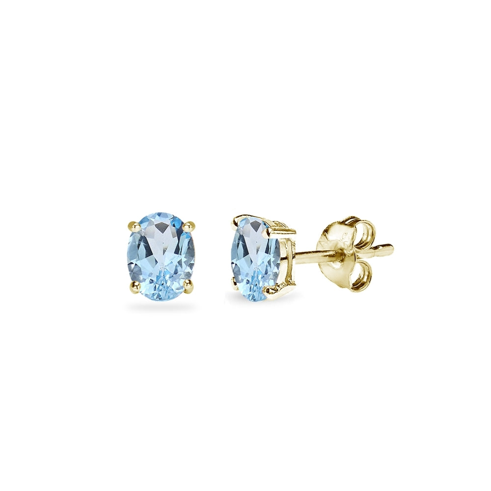 Yellow Gold Flashed Sterling Silver Blue Topaz 5x3mm Oval-Cut Solitaire Stud Earrings
