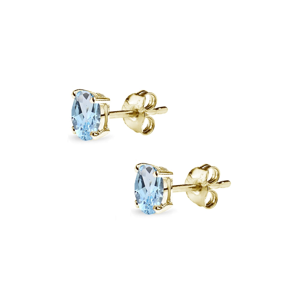 Yellow Gold Flashed Sterling Silver Blue Topaz 5x3mm Oval-Cut Solitaire Stud Earrings-2