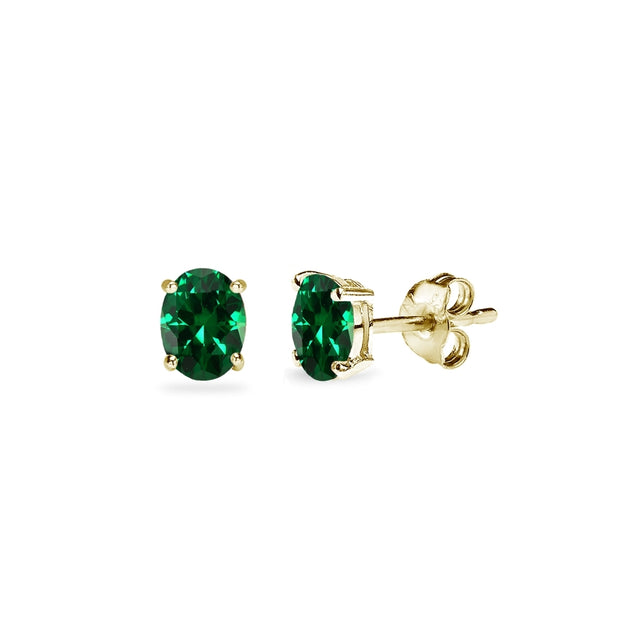 Yellow Gold Flashed Sterling Silver Simulated Emerald 5x3mm Oval-Cut Solitaire Stud Earrings