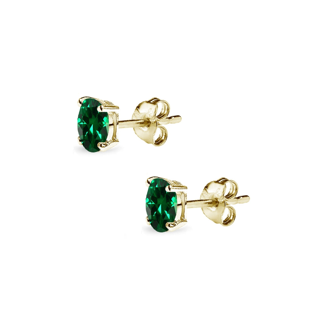 Yellow Gold Flashed Sterling Silver Simulated Emerald 5x3mm Oval-Cut Solitaire Stud Earrings-2