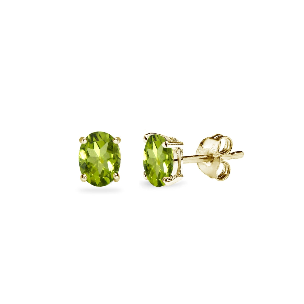 Yellow Gold Flashed Sterling Silver Peridot 5x3mm Oval-Cut Solitaire Stud Earrings-2