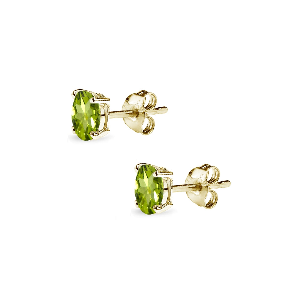 Yellow Gold Flashed Sterling Silver Peridot 5x3mm Oval-Cut Solitaire Stud Earrings-3