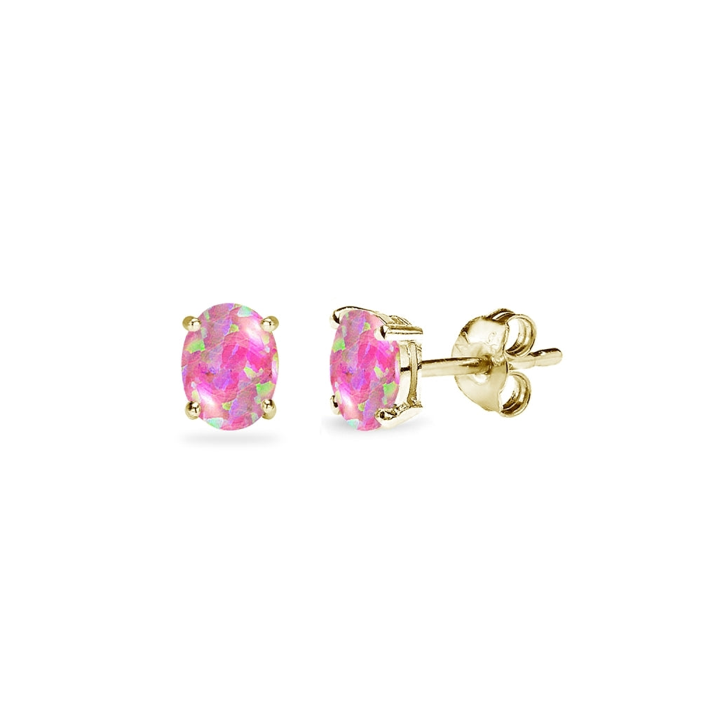 Yellow Gold Flashed Sterling Silver Created Pink Opal 5x3mm Oval-Cut Solitaire Stud Earrings