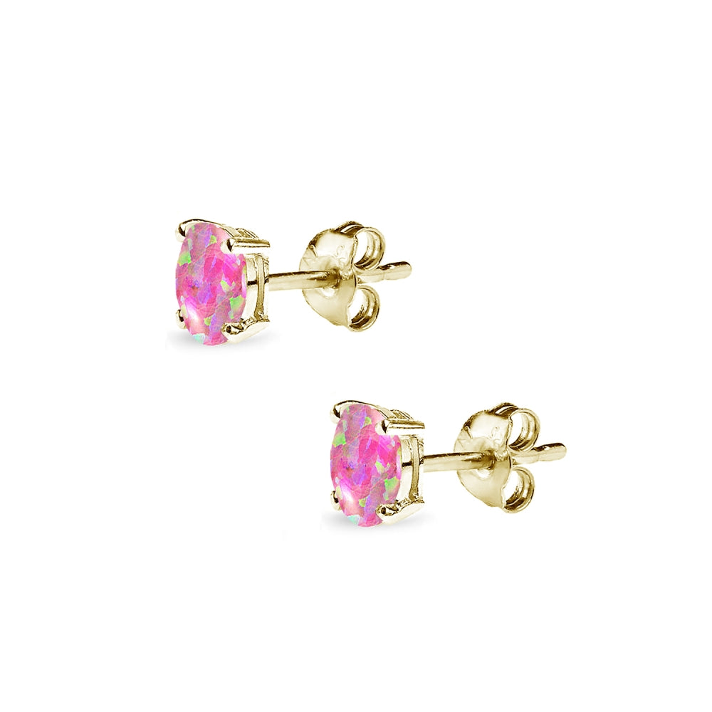 Yellow Gold Flashed Sterling Silver Created Pink Opal 5x3mm Oval-Cut Solitaire Stud Earrings-2