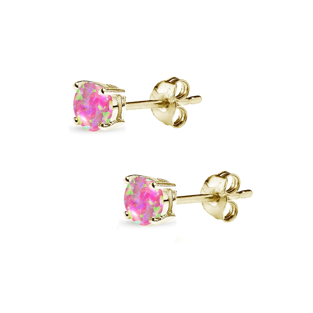 Yellow Gold Flashed Sterling Silver Created Pink Opal 4mm Round-Cut Solitaire Stud Earrings-2