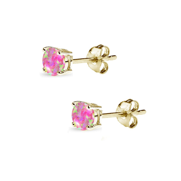 Yellow Gold Flashed Sterling Silver Created Pink Opal 4mm Round-Cut Solitaire Stud Earrings