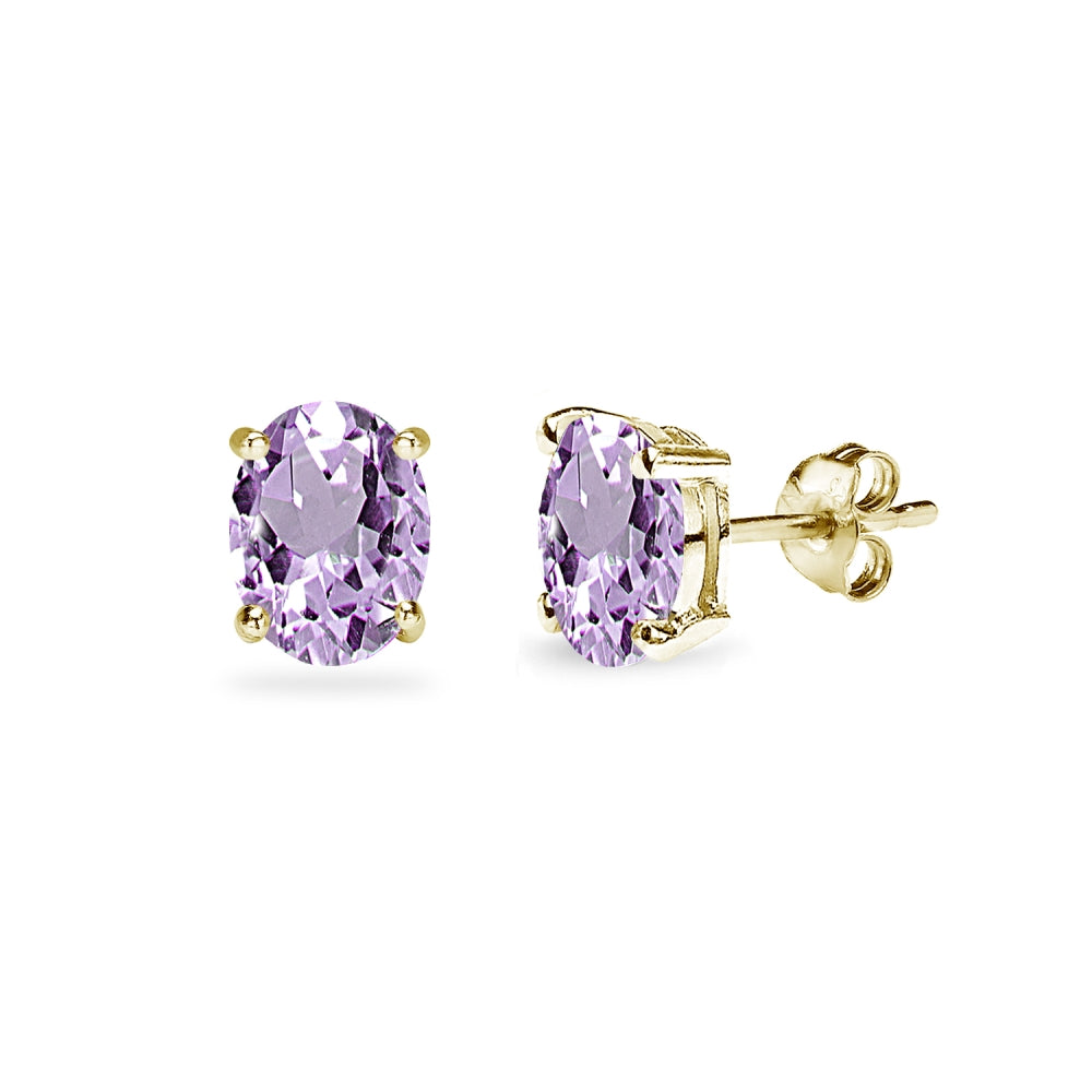 Yellow Gold Flashed Sterling Silver Amethyst 6x4mm Oval-Cut Solitaire Stud Earrings-2
