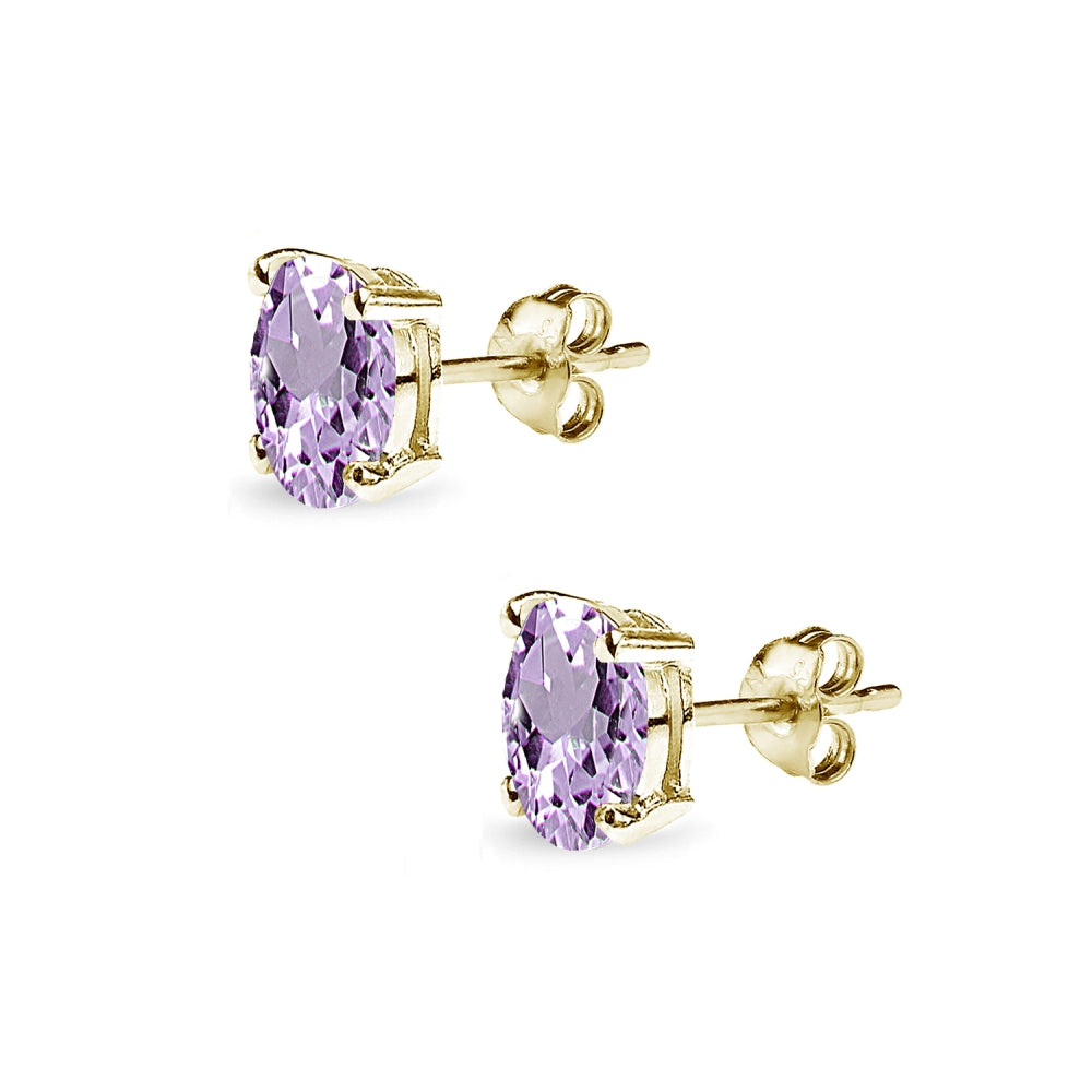 Yellow Gold Flashed Sterling Silver Amethyst 6x4mm Oval-Cut Solitaire Stud Earrings-3