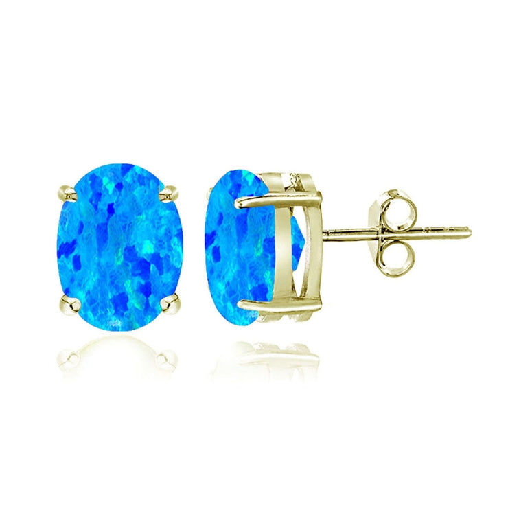 Gold Tone over Sterling Silver Created Blue Opal 6x4mm Oval Stud Earrings