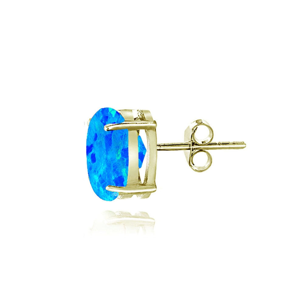 Gold Tone over Sterling Silver Created Blue Opal 6x4mm Oval Stud Earrings-2