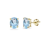 Yellow Gold Flashed Sterling Silver Blue Topaz 6x4mm Oval-Cut Solitaire Stud Earrings