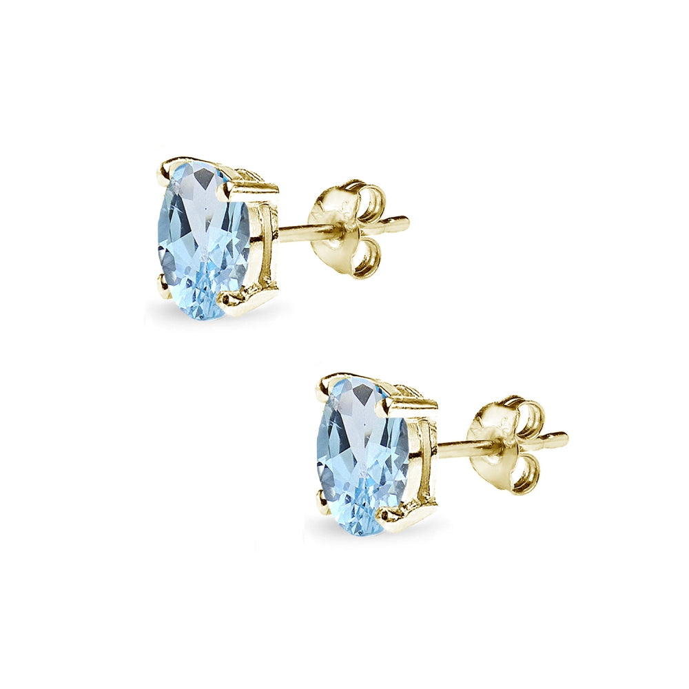 Yellow Gold Flashed Sterling Silver Blue Topaz 6x4mm Oval-Cut Solitaire Stud Earrings-2