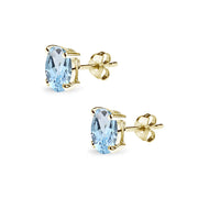 Yellow Gold Flashed Sterling Silver Blue Topaz 6x4mm Oval-Cut Solitaire Stud Earrings