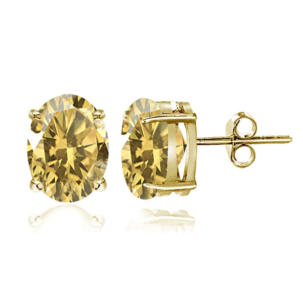 Yellow Gold Flashed Sterling Silver Citrine 6x4mm Oval-Cut Solitaire Stud Earrings
