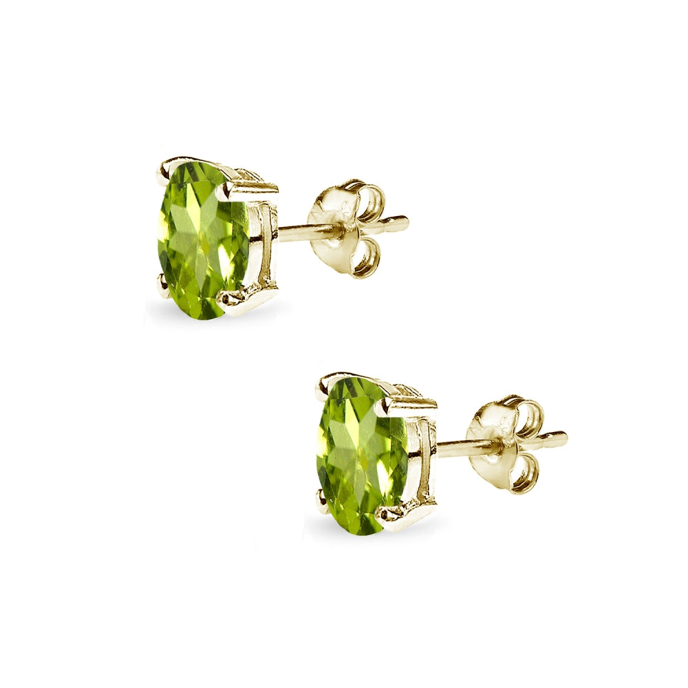 Yellow Gold Flashed Sterling Silver Peridot 6x4mm Oval-Cut Solitaire Stud Earrings-2
