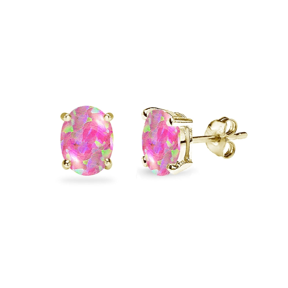 Yellow Gold Flashed Sterling Silver Created Pink Opal 6x4mm Oval-Cut Solitaire Stud Earrings